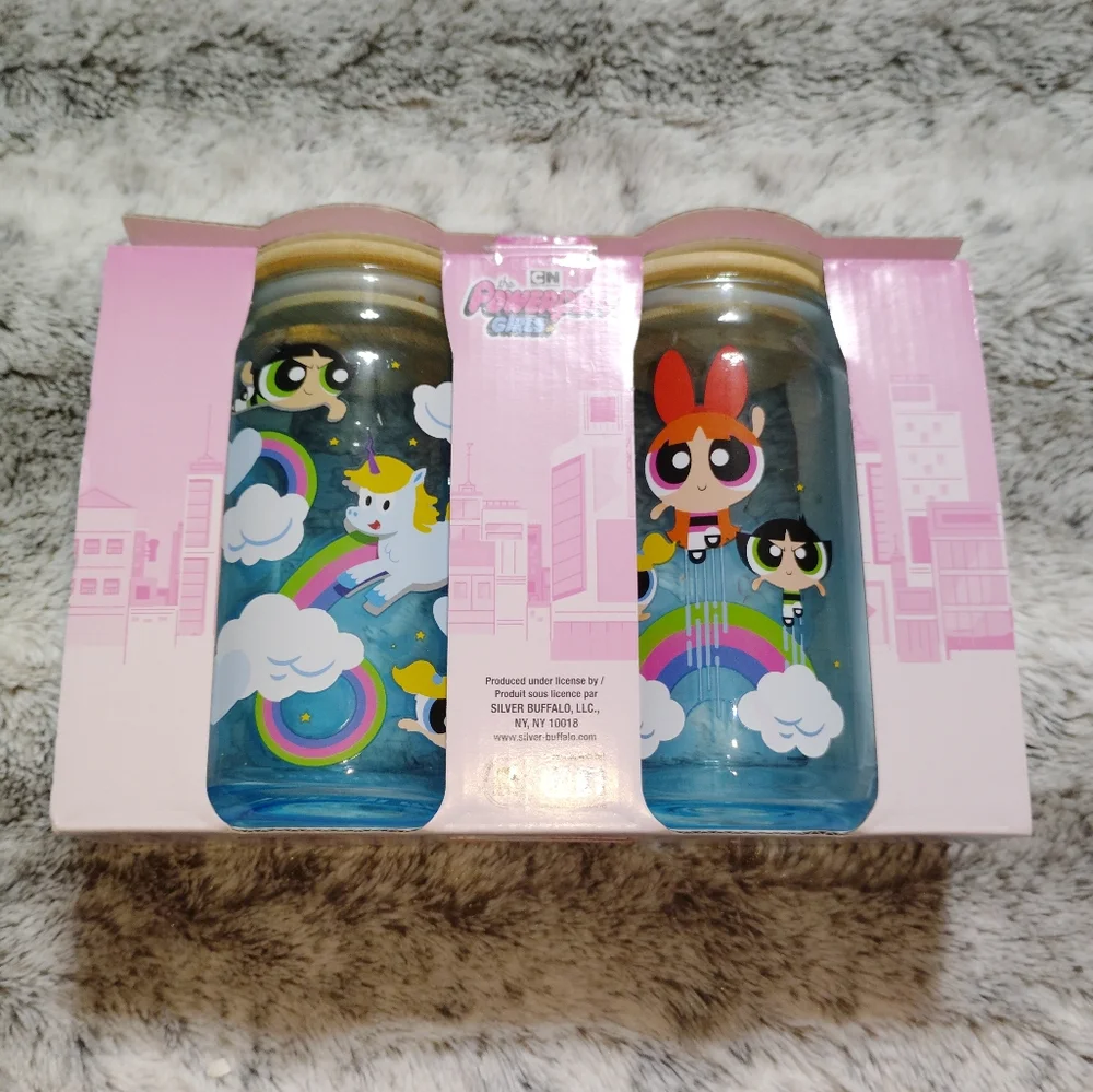 Powerpuff Girls Trio Flying Rainbows and Clouds Blue Glasses